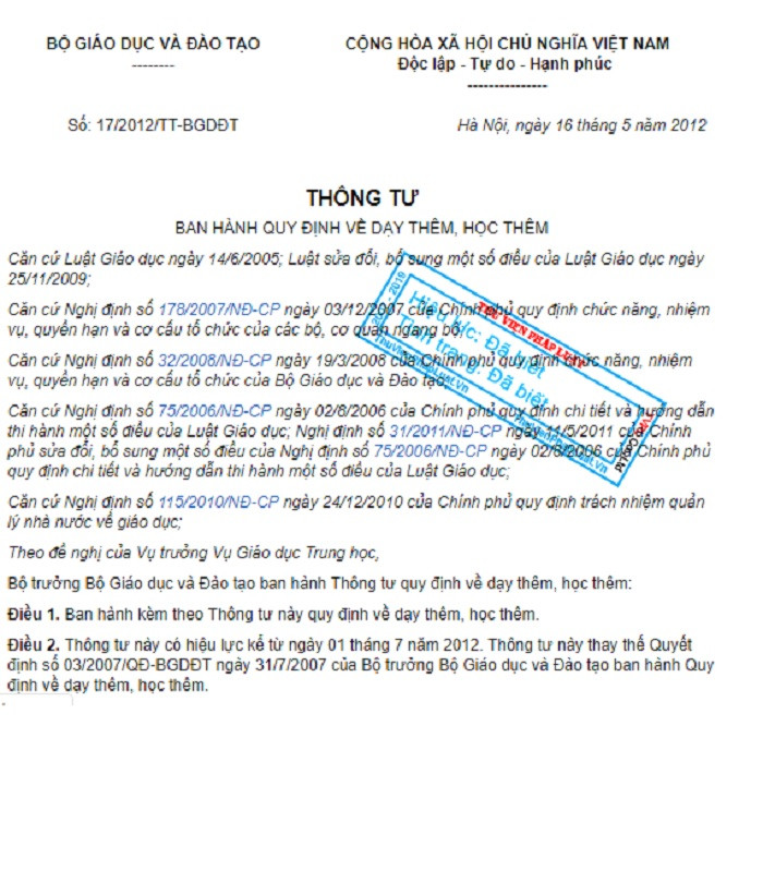Thông tư 17/2012:Quy định về dạy thêm, học thêm (Ảnh:V.N)