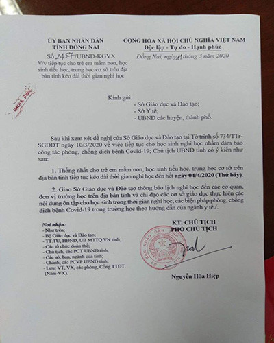 Văn bản thông báo của Ủy ban nhân dân tỉnh Đồng Nai (ảnh: P.L) Văn bản thông báo của Ủy ban nhân dân tỉnh Đồng Nai (ảnh: P.L)