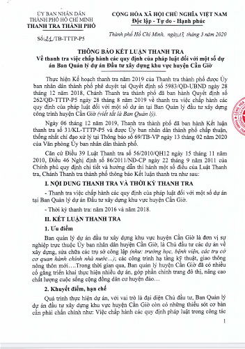 Trích thông báo kết luận thanh tra số 21 của Thanh tra Thành phố Hồ Chí Minh (ảnh: P.L) Trích thông báo kết luận thanh tra số 21 của Thanh tra Thành phố Hồ Chí Minh (ảnh: P.L)