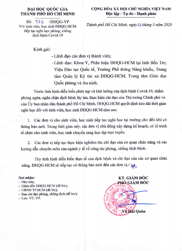 Văn bản thông báo 576 của Đại học Quốc gia Thành phố Hồ Chí Minh (ảnh: P.L) Văn bản thông báo 576 của Đại học Quốc gia Thành phố Hồ Chí Minh (ảnh: P.L)