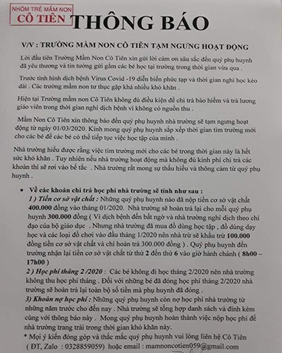 Thông báo của Trường mầm non Cô Tiên ở huyện Long Thành, tỉnh Đồng Nai (ảnh: P.L) Thông báo của Trường mầm non Cô Tiên ở huyện Long Thành, tỉnh Đồng Nai (ảnh: P.L)