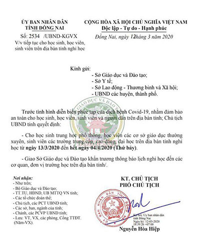 Văn bản 2534 của Ủy ban nhân dân tỉnh Đồng Nai (ảnh: P.L) Văn bản 2534 của Ủy ban nhân dân tỉnh Đồng Nai (ảnh: P.L)