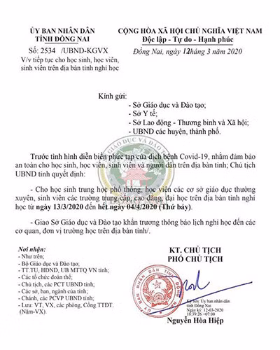 Văn bản 2534 của Ủy ban nhân dân tỉnh Đồng Nai (ảnh: P.L)