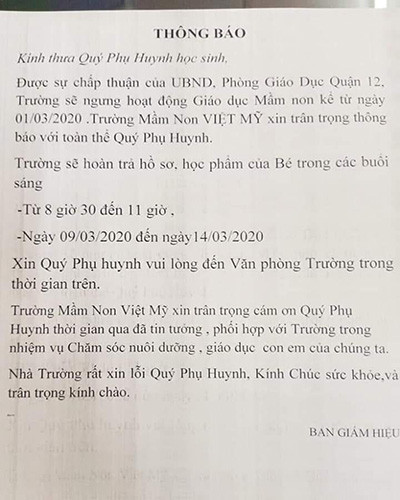 Thông báo của Trường mầm non Việt Mỹ ở quận 12, Thành phố Hồ Chí Minh (ảnh: P.L) Thông báo của Trường mầm non Việt Mỹ ở quận 12, Thành phố Hồ Chí Minh (ảnh: P.L)