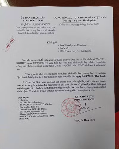 Văn bản thông báo của Ủy ban nhân dân tỉnh Đồng Nai (ảnh: P.L)