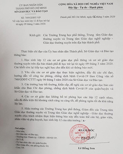 Trích văn bản 749 của Sở Giáo dục và Đào tạo Thành phố Hồ Chí Minh, do Giám đốc ký ngày 6/3/2020 (ảnh: P.L) Trích văn bản 749 của Sở Giáo dục và Đào tạo Thành phố Hồ Chí Minh, do Giám đốc ký ngày 6/3/2020 (ảnh: P.L)