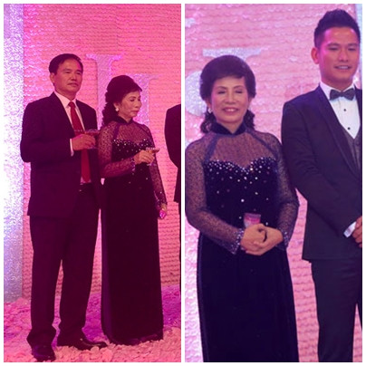 Trong bữa tiệc cưới diễn ra sau đó, bà Thanh mặc một chiếc áo dài màu tím than. Màu sắc của chiếc áo dài này khiến 'nữ đại gia' trông già đi vài tuổi, song chúng lại khá sang trọng và phù hợp với không gian buổi tiệc