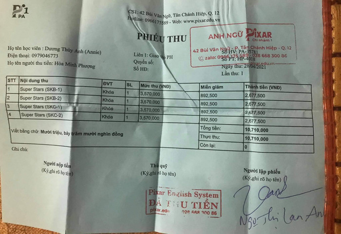 Phiếu đóng tiền của con anh Hiếu hôm 28/4 (ảnh: P.L)