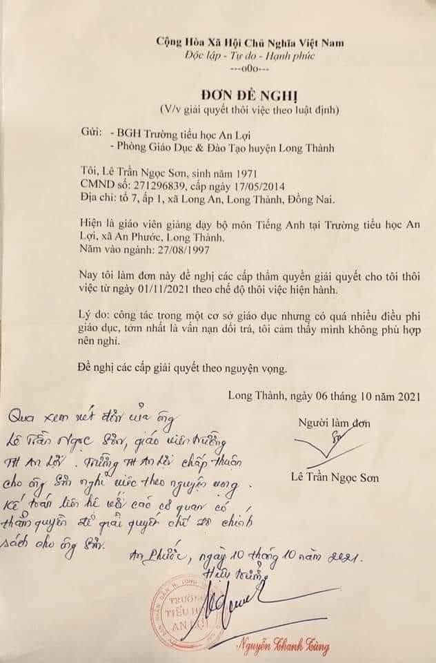 Đơn của thầy Lê Trần Ngọc Sơn viết hôm 6/10 (Ảnh: P.L)