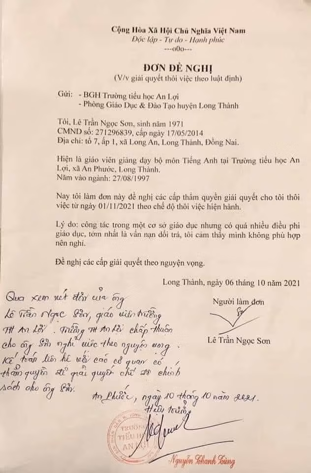 Đơn của thầy Lê Trần Ngọc Sơn viết hôm 6/10 (Ảnh: P.L)