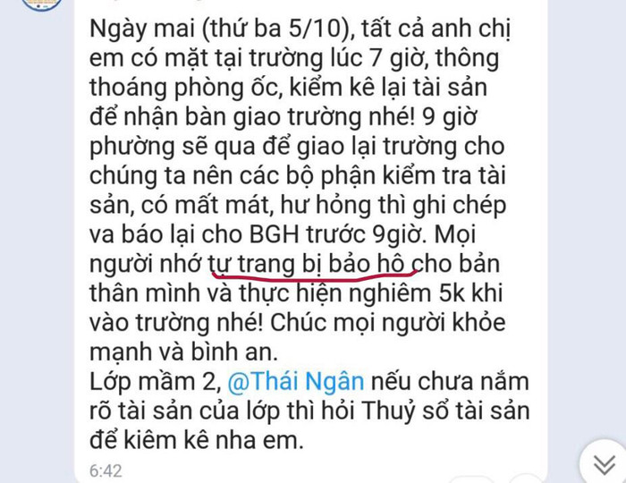 Tin nhắn của hiệu trưởng gửi tới toàn thể giáo viên, nhân viên nhà trường (ảnh: GVCC)