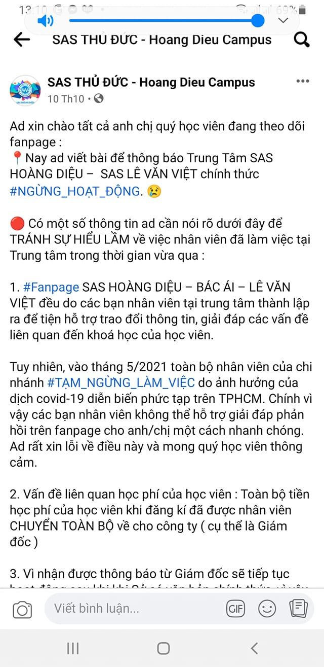 Thông báo trên fanpage SAS Thủ Đức - Hoang Dieu Campus (ảnh chụp màn hình) Thông báo trên fanpage SAS Thủ Đức - Hoang Dieu Campus (ảnh chụp màn hình)