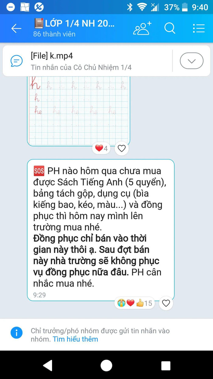 Tin nhắn giáo viên lớp 1/4 gửi cho phụ huynh trong group zalo của lớp (ảnh: CTV)