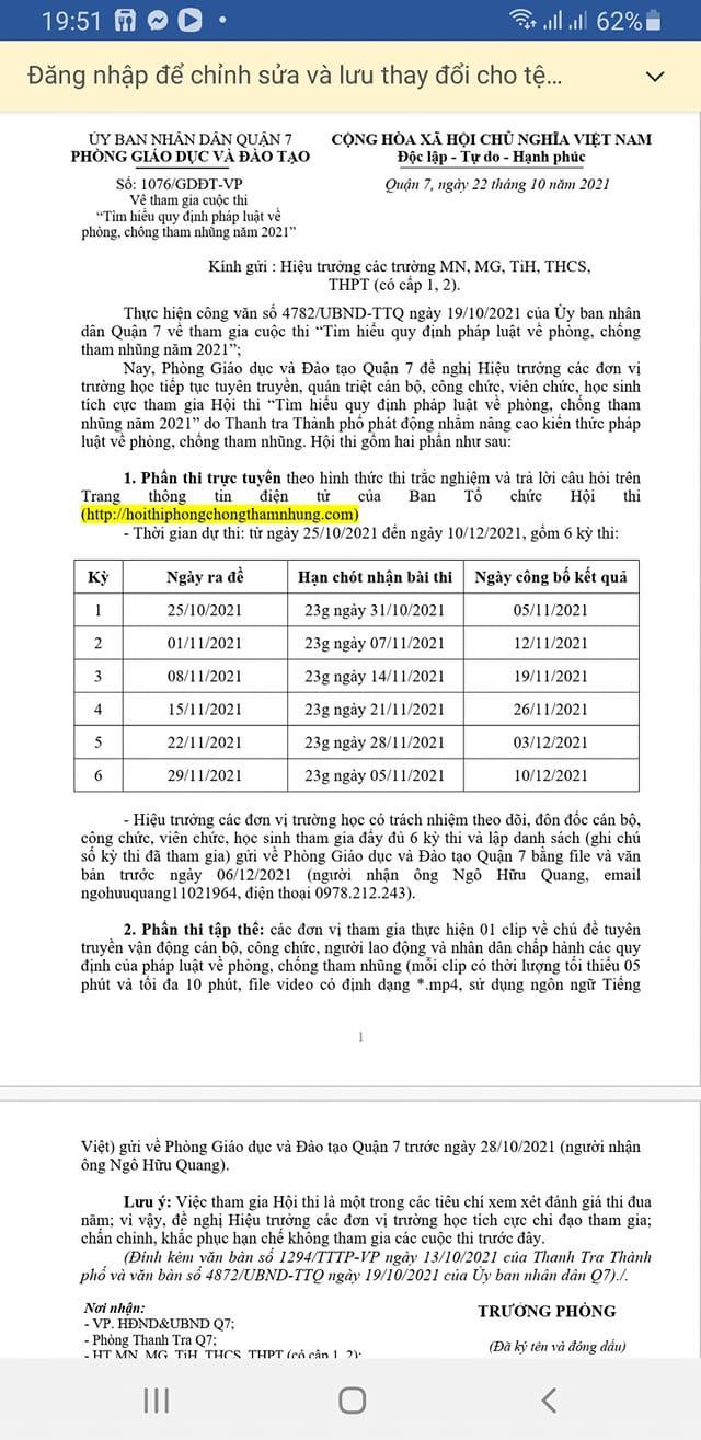 Văn bản 1076 do Trưởng phòng Giáo dục và Đào tạo quận 7 ký (ảnh chụp màn hình) Văn bản 1076 do Trưởng phòng Giáo dục và Đào tạo quận 7 ký (ảnh chụp màn hình)