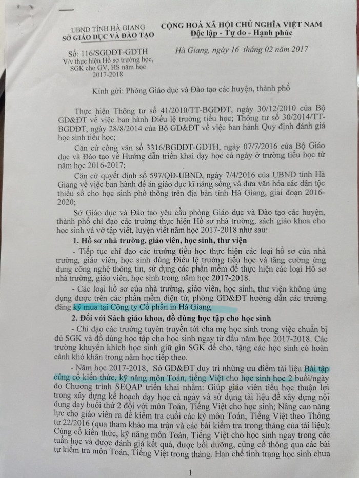 Công văn số 116/SGDĐT-GDTH của Sở giáo dục và đào tạo tỉnh Hà Giang (Ảnh:V.N) Công văn số 116/SGDĐT-GDTH của Sở giáo dục và đào tạo tỉnh Hà Giang (Ảnh:V.N)