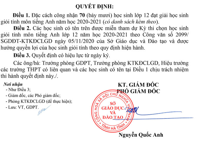 Quyết định đặc cách của Sở Giáo dục và Đào tạo Hà Tĩnh. (Ảnh: hatinh.edu.vn)