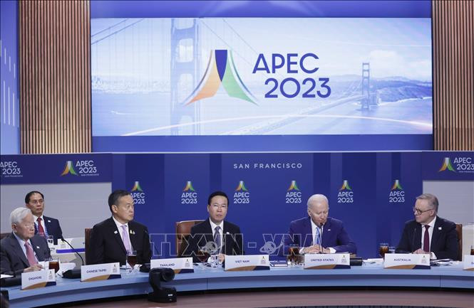 Chủ tịch nước Võ Văn Thưởng và các nhà lãnh đạo APEC tại buổi làm việc. Ảnh: Thống Nhất/TTXVN Chủ tịch nước Võ Văn Thưởng và các nhà lãnh đạo APEC tại buổi làm việc. Ảnh: Thống Nhất/TTXVN