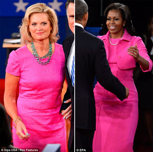 Còn với phu nhân Ann Romney của ngại Mitt Romny. Mặc dù bà cũng là người sở hữu gu thời trang khá thanh lịch tuy nhiên chúng lại thuộc những thương hiệu quá xa lạ so với đại đa số người dân Mỹ. Trong khi Michelle Obama lựa chọn trang phục bằng thẩm mỹ từ đôi mắt và trái tim thì bà Ann Romney đơn giản chỉ chọn những trang phục hợp sở thích của chồng: Ngài Mitt Romney thích vợ mặc những bộ váy chiết eo để khoe hình thế. Còn với phu nhân Ann Romney của ngại Mitt Romny. Mặc dù bà cũng là người sở hữu gu thời trang khá thanh lịch tuy nhiên chúng lại thuộc những thương hiệu quá xa lạ so với đại đa số người dân Mỹ. Trong khi Michelle Obama lựa chọn trang phục bằng thẩm mỹ từ đôi mắt và trái tim thì bà Ann Romney đơn giản chỉ chọn những trang phục hợp sở thích của chồng: Ngài Mitt Romney thích vợ mặc những bộ váy chiết eo để khoe hình thế.