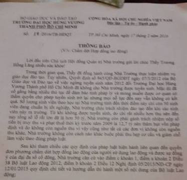 Thông báo chấm dứt hợp đồng lao động của một nhân sự thuộc trường Đại học Hùng Vương (ảnh: P.L) Thông báo chấm dứt hợp đồng lao động của một nhân sự thuộc trường Đại học Hùng Vương (ảnh: P.L)