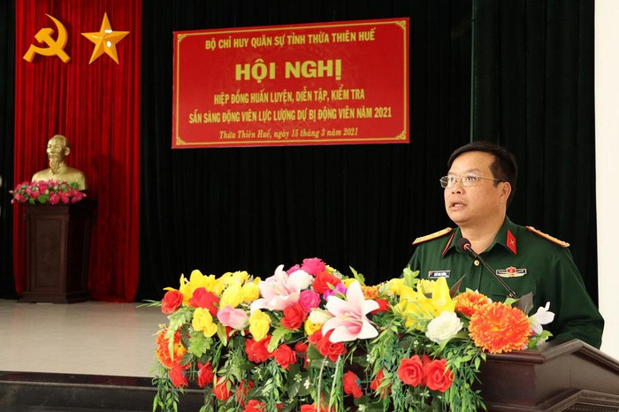Thượng tá Ngô Nam Cường, Ủy viên Thường vụ Tỉnh ủy, Chỉ huy trưởng Bộ Chỉ huy Quân sự tỉnh Thừa Thiên Huế phát biểu khai mạc Thượng tá Ngô Nam Cường, Ủy viên Thường vụ Tỉnh ủy, Chỉ huy trưởng Bộ Chỉ huy Quân sự tỉnh Thừa Thiên Huế phát biểu khai mạc