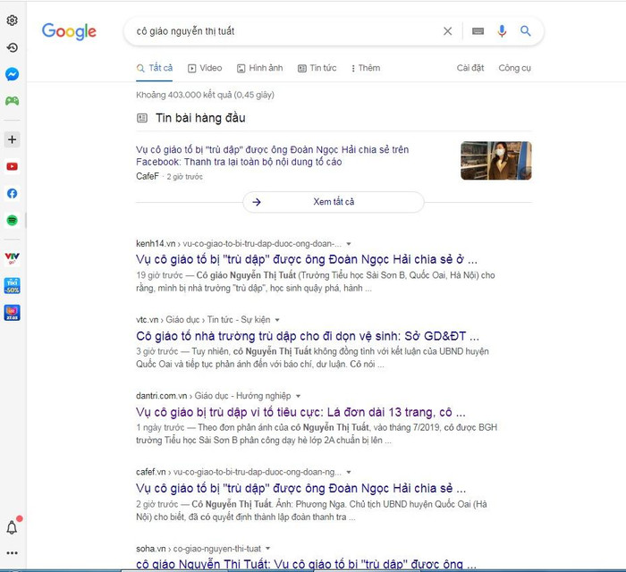 Ảnh chụp màn hình tìm kiếm từ khóa “cô giáo nguyễn thị tuất”. (Ảnh chụp màn hình do tác giả cung cấp)
