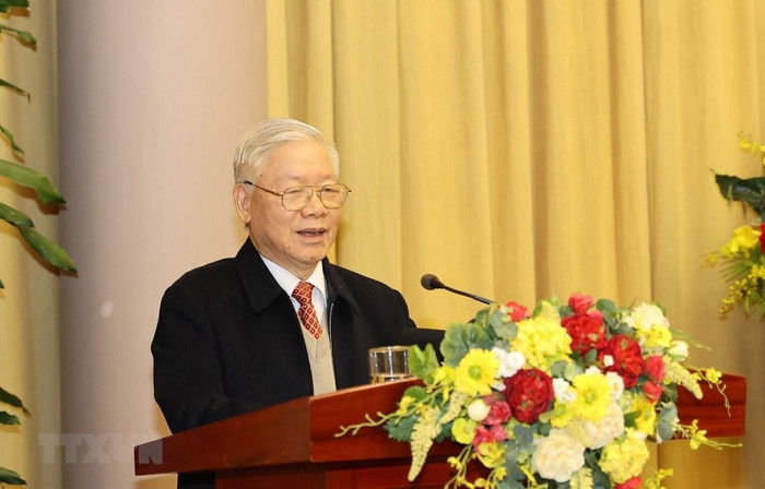 Tổng Bí thư, Chủ tịch nước Nguyễn Phú Trọng phát biểu tại Hội nghị triển khai nhiệm vụ năm 2021 của Văn phòng Chủ tịch nước. (Ảnh: Trí Dũng/TTXVN) Tổng Bí thư, Chủ tịch nước Nguyễn Phú Trọng phát biểu tại Hội nghị triển khai nhiệm vụ năm 2021 của Văn phòng Chủ tịch nước. (Ảnh: Trí Dũng/TTXVN)