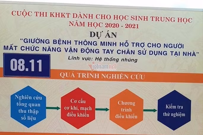 Dự án “Giường bệnh thông minh hỗ trợ cho người mất chức năng vận động tay chân sử dụng tại nhà” của nhóm học sinh Trường Trung học phổ thông Hoa Lư A, tỉnh Ninh Bình đoạt giải Nhất tại cuộc thi khoa học kỹ thuật cấp quốc gia năm 2021. (Ảnh: Vietnamnet)