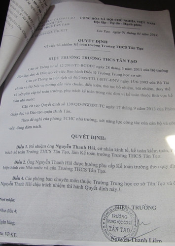 Văn bản bổ nhiệm Kế toán trưởng của anh Hải do ông Liêm ký (ảnh: T.Q) Văn bản bổ nhiệm Kế toán trưởng của anh Hải do ông Liêm ký (ảnh: T.Q)
