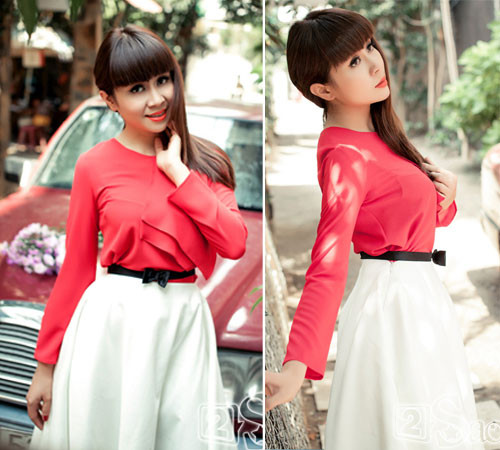ữ giám khảo của 'Cặp đôi hoàn hảo' Lưu Thiên Hương điệu đà mà kiêu sa. Bạn gái có vòng ngực nhỏ có thể 'đánh lừa' về số đo vòng 1 bằng kiểu thiết kế viền sun nhún trước ngực như chiếc áo đỏ này.