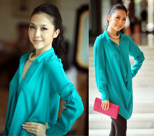 Áo sơ mi dáng thụng như Linh Nga mặc là style lý tưởng cho những bạn gái muốn che đi vòng eo mỡ. Bên cạnh đó, màu sắc xanh vừa để tôn làn da trắng mịn màng, vừa tạo cảm giác mát mẻ ngày hè.