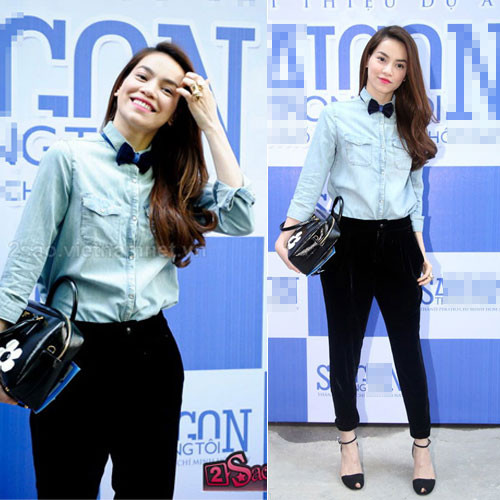 Hồ Ngọc Hà là một trong những mỹ nhân mặc đẹp với áo sơ mi, đặc biệt với sơ mi denim nơ cài cổ có túi trần hai bên ngực rất phù hợp với vóc dáng gầy như cô.