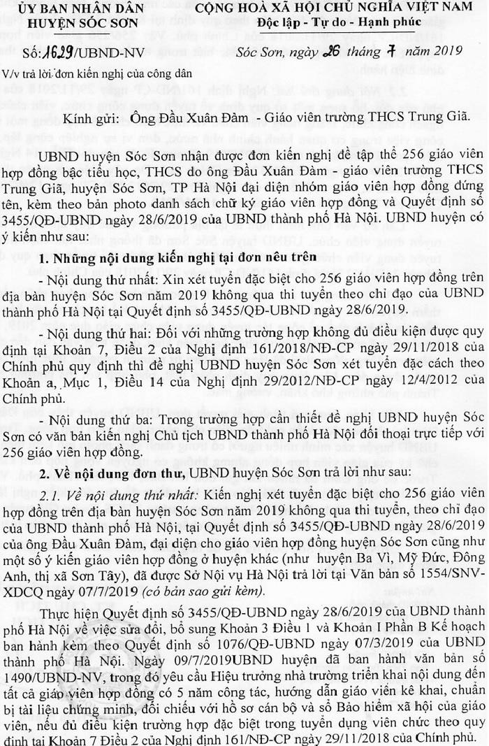 Ủy ban Nhân dân huyện Sóc Sơn ban hành công văn trả lời giáo viên hợp đồng (Ảnh:V.N) Ủy ban Nhân dân huyện Sóc Sơn ban hành công văn trả lời giáo viên hợp đồng (Ảnh:V.N)
