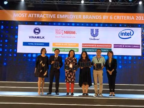 Những đơn vị đứng đầu danh sách thương hiệu tuyển dụng tốt nhất Việt Nam được trao cúp lưu niệm (ảnh: P.L)