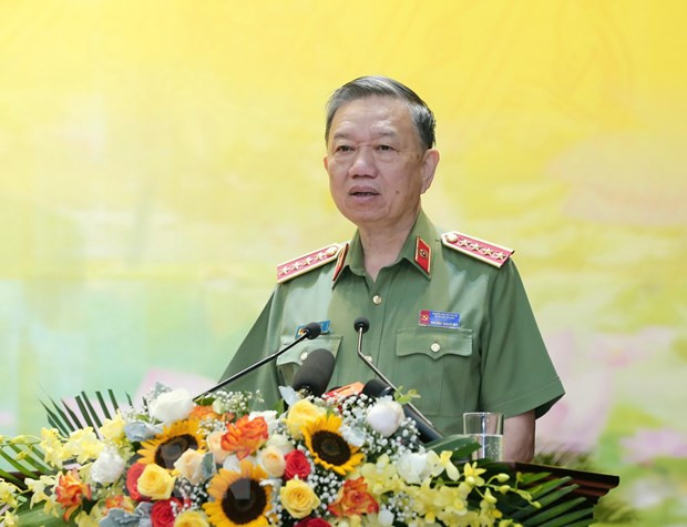 Đại tướng Tô Lâm, Ủy viên Bộ Chính trị, Bí thư Đảng ủy Công an Trung ương, Bộ trưởng Bộ Công an phát biểu. (Ảnh: Doãn Tấn/TTXVN)