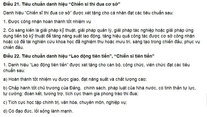 Điều 21, Điều 22 Dự thảo Luật thi đua khen thưởng sửa đổi. (Ảnh chụp màn hình) Điều 21, Điều 22 Dự thảo Luật thi đua khen thưởng sửa đổi. (Ảnh chụp màn hình)