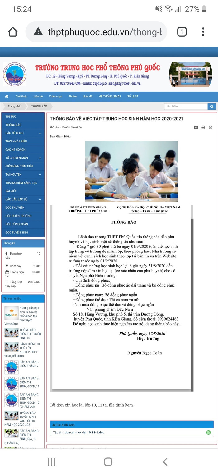 Thông báo trên Cổng thông tin điện tử của Trường Trung học phổ thông Phú Quốc, Kiên Giang (Ảnh chụp màn hình) Thông báo trên Cổng thông tin điện tử của Trường Trung học phổ thông Phú Quốc, Kiên Giang (Ảnh chụp màn hình)