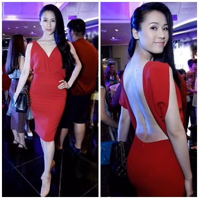 Thái Hà nữ tính và sexy với đường khoét lưng táo bạo, nhưng có vẻ vì hình ảnh này của Thái Hà quá 'quen mắt' nên dễ gây nhàm chám. Màu môi của cô cũng hơi nhợt nhạt.