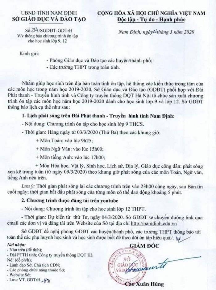 Tỉnh Nam Định triển khai dạy học qua truyền hình (Ảnh:V.N)