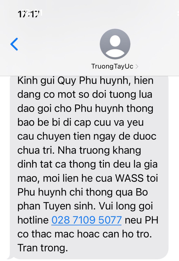 Tin nhắn của WAGS gửi tới phụ huynh cảnh báo chiêu thức lừa đảo mới (ảnh: PHCC)