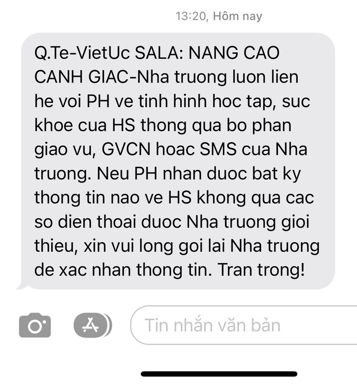 Tin nhắn của VAS cơ sở SALA gửi tới phụ huynh cảnh báo chiêu thức lừa đảo mới (ảnh: PHCC)