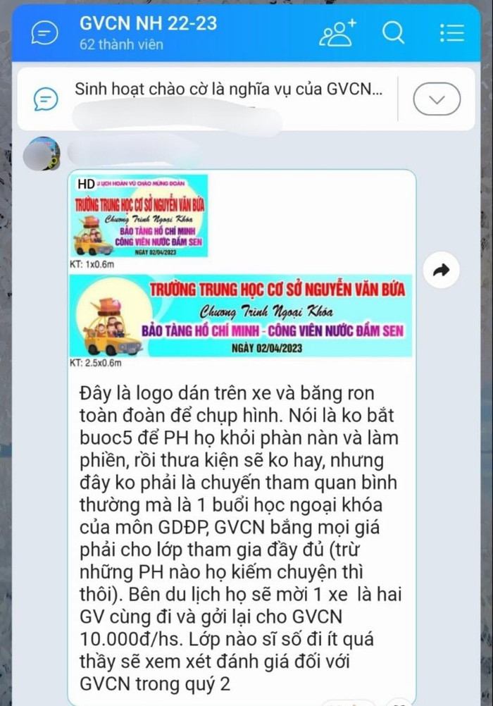 Tin nhắn của thầy Rộn nhắn cho nhóm zalo giáo viên chủ nhiệm của trường (ảnh: GVCC) Tin nhắn của thầy Rộn nhắn cho nhóm zalo giáo viên chủ nhiệm của trường (ảnh: GVCC)