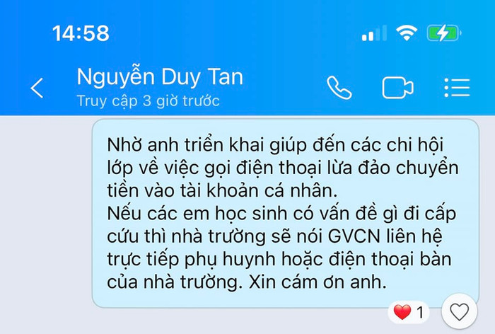 Tin nhắn cảnh báo của hội phụ huynh Trường trung học cơ sở Trần Văn Ơn (ảnh: P.L) Tin nhắn cảnh báo của hội phụ huynh Trường trung học cơ sở Trần Văn Ơn (ảnh: P.L)