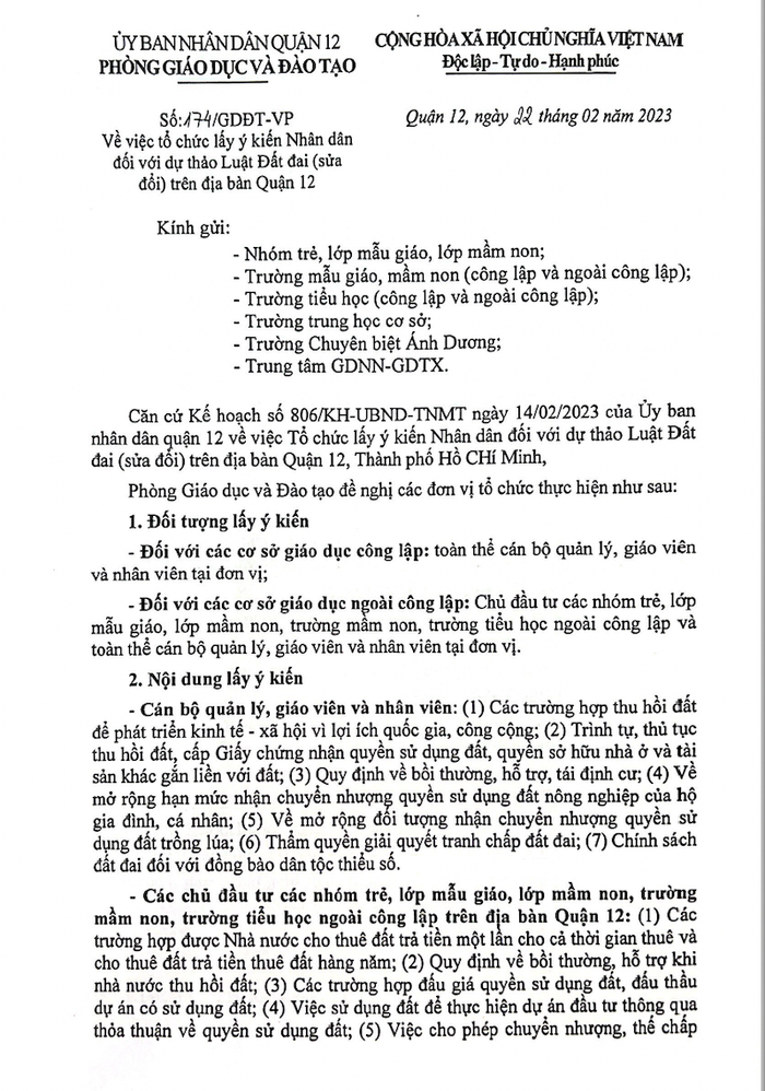 Văn bản đầy đủ của Phòng Giáo dục và Đào tạo Quận 12 (ảnh: P.L) Văn bản đầy đủ của Phòng Giáo dục và Đào tạo Quận 12 (ảnh: P.L)