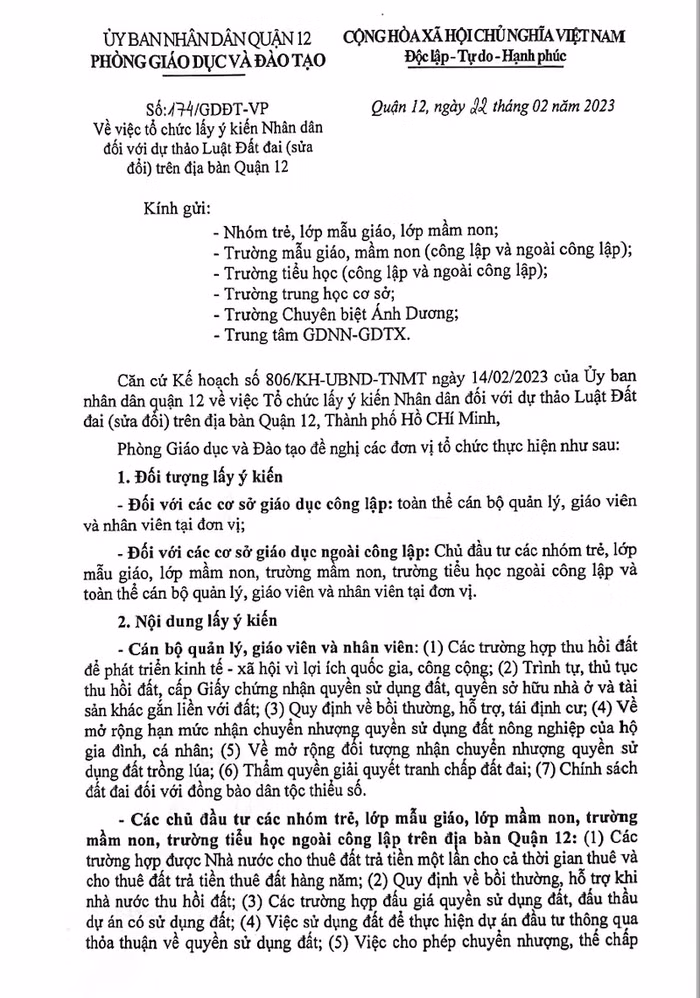 Văn bản đầy đủ của Phòng Giáo dục và Đào tạo Quận 12 (ảnh: P.L)