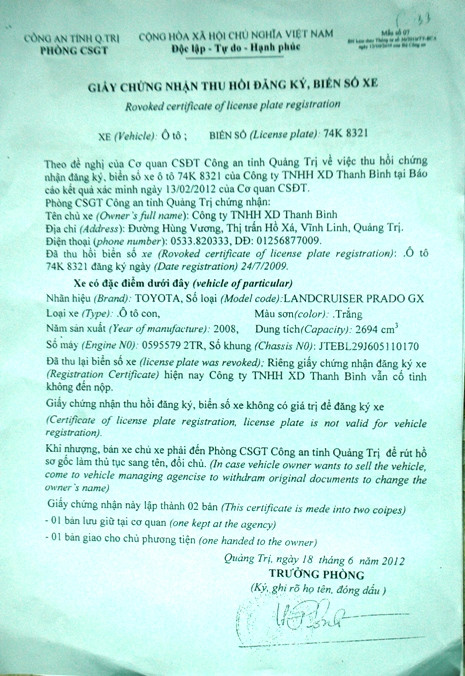 Giấy chứng nhận thu hồi đăng ký, biển số xe mà Công ty Thanh Bình đã mang thế chấp cho BIDV Quảng Trị trước đó Giấy chứng nhận thu hồi đăng ký, biển số xe mà Công ty Thanh Bình đã mang thế chấp cho BIDV Quảng Trị trước đó