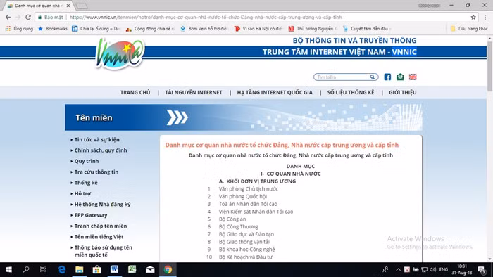 Ảnh chụp màn hình dữ liệu của “Trung tâm Internet Việt Nam”.