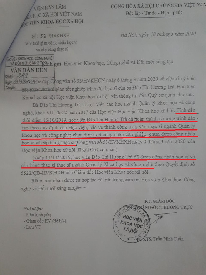 Văn bản chính của Học viện Khoa học xã hội khẳng định bà Đào Thị Hương Trà đến ngày 11/11/2019 mới được công nhận học vị thạc sĩ và được cấp bằng. Ảnh: Chụp công văn. Văn bản chính của Học viện Khoa học xã hội khẳng định bà Đào Thị Hương Trà đến ngày 11/11/2019 mới được công nhận học vị thạc sĩ và được cấp bằng. Ảnh: Chụp công văn.