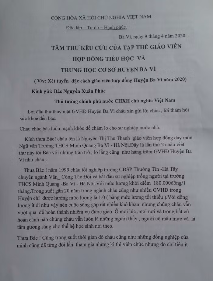 Giáo viên hợp đồng huyện Ba Vì gửi tâm thư đến Thủ tướng Chính phủ Nguyễn Xuân Phúc (Ảnh:V.N)