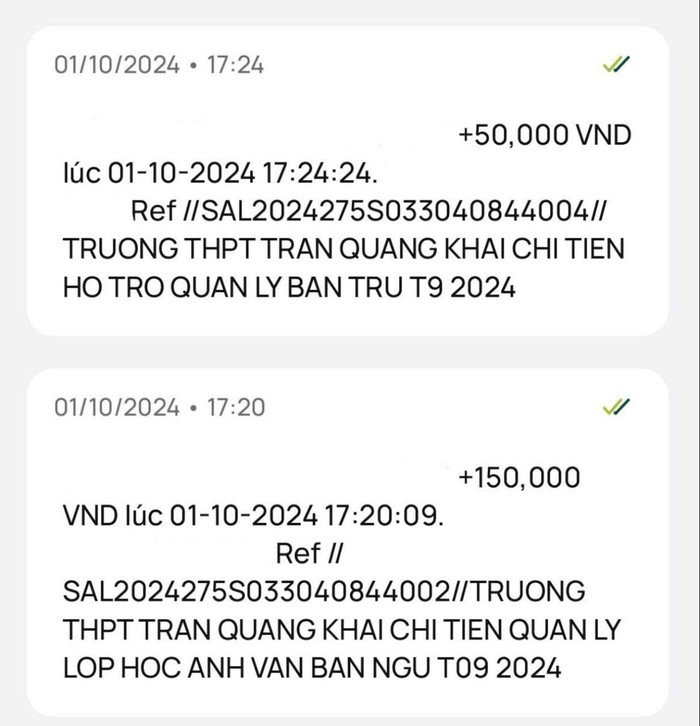 Khoản tiền chi hỗ trợ quản lý bán trú và tiền quản lý Anh văn bản ngữ một giáo viên nhận được (ảnh: CTV) TRANQUANGKHAITIEN.jpg