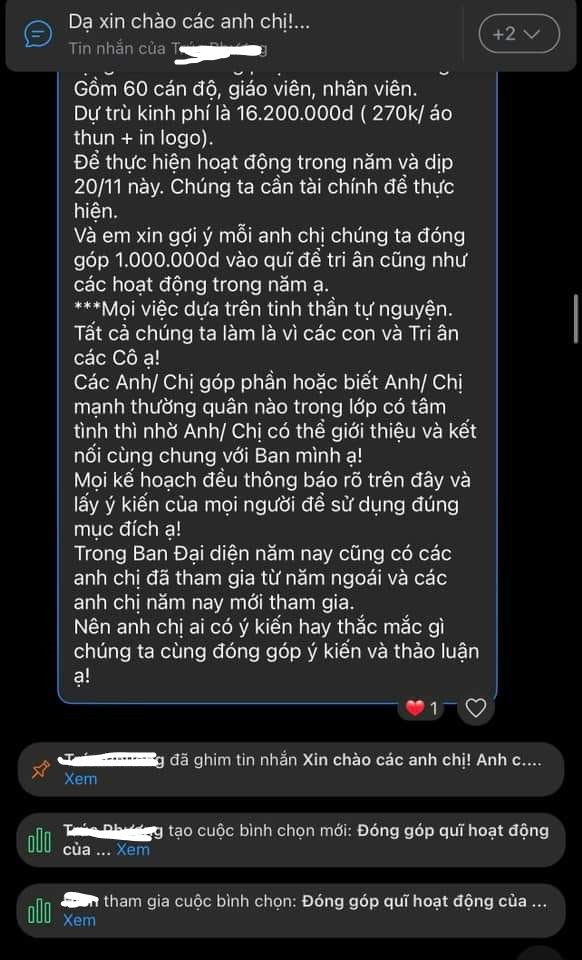 Tin nhắn được Trưởng ban đại diện cha mẹ học sinh trường gửi trong zalo phụ huynh (ảnh: PHCC) tinhanMNNamSG.jpg